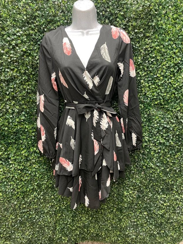Women's Feather Print V-Neck Dress with Belt – Junior Fit