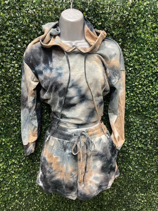 Blue & Brown Tie-Dye Crop Hoodie & Drawstring Shorts Set